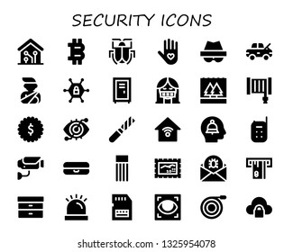 security icon set. 30 filled security icons.  Collection Of - Smart home, Bitcoin, Malware, Insurance, Hacker, Damage, Accident, Vpn, Locker, Censor, Flood, Hose, Badge, Eye scan