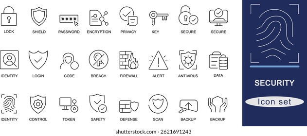 Security icon set. A set of 30 modern security line icons including lock, shield, firewall, password, antivirus, fingerprint, and privacy—ideal for apps and UI design.
