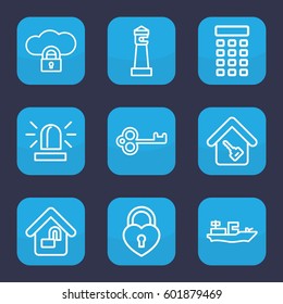 security icon. Set of 9 outline security icons such as lighthouse, siren, heart lock, home key, home lock, intercom, water military, key