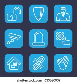 Security icon. set of 9 outline security icons such as gloves, home lock, siren, open lock, hand on atm, chain