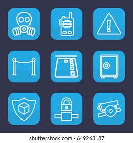 Security icon. set of 9 outline security icons such as red carpet barrier, cargo insurance, cannon, gas mask, walkie talkie, warning, safe, credit card in atm