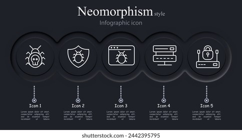 Security icon set. Beetle, hacking, website, lock, server, password, modem. Neomorphism style. Vector line icon for business and advertising