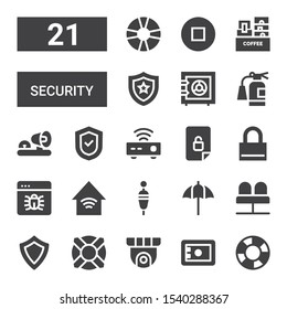 security icon set. Collection of 21 filled security icons included Lifesaver, Safebox, Cctv, Shield, Seats, Umbrella, Floating, Smart home, Bug, Lock, Unlocked, Router, Ambulance lights