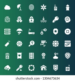 security icon set. Collection of 36 filled security icons included Bug, Verified, Insurance, Lifebuoy, Key, Cloud, Shield, Badge, Server, Virus, Evidence, Lifesaver, Cctv, Password