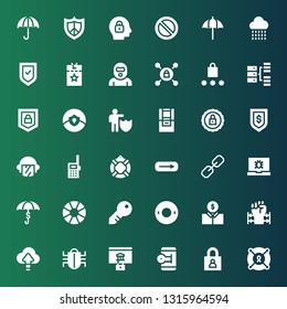 security icon set. Collection of 36 filled security icons included Lifesaver, Login, Unlocked, Password, Bug, Cloud computing, Barbed wire, Economist, Float, Key, Lifebuoy, Umbrella
