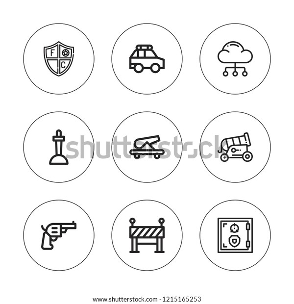 Security icon set. collection of 9\
outline security icons with barrier, cannon, cloud computing,\
excalibur, pistol, police car, shield icons. editable\
icons.