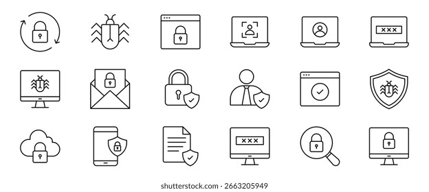 Sicherheitssymbolsatz. Sammlung von Sicherheitssymbolen, die verschiedene Aspekte der Online-Sicherheit und des Datenschutzes darstellen. Bearbeitbarer Strich. Vektorgrafik.