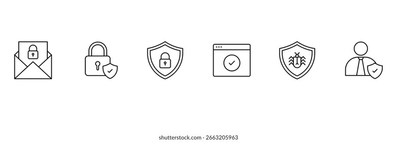 Conjunto de ícones de segurança. Recolha de ícones de segurança que representam vários aspectos da segurança em linha e da proteção de dados. Traçado editável. Ilustração vetorial.