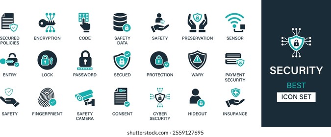 Security icon set collection. Secured policies, encryption, code, safety data, preservation, sensor, entry, lock, wary, insurance and best solid icon set.