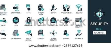 Security icon set collection. Secured policies, encryption, code, safety data, preservation, sensor, entry, lock, wary, insurance and best solid icon set.