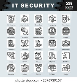 IT Security icon set containing Data Encryption, cloud protection, Secure Data, Cryptography, Authentication, Authorization, Vulnerability, Malware, Phishing, Firewall icon. Simple line vector