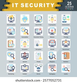 IT Security icon set containing Data Encryption, cloud protection, Secure Data, Cryptography, Authentication, Authorization, Vulnerability, Malware, Phishing, Firewall icon. Simple flat vector