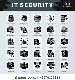 IT Security icon set containing Data Encryption, cloud protection, Secure Data, Cryptography, Authentication, Authorization, Vulnerability, Malware, Phishing, Firewall icon. Simple glyph vector