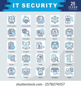 IT Security icon set containing Data Encryption, cloud protection, Secure Data, Cryptography, Authentication, Authorization, Vulnerability, Malware, Phishing, Firewall icon. Simple vector illustration