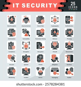 IT Security icon set containing Data Encryption, cloud protection, Secure Data, Cryptography, Authentication, Authorization, Vulnerability, Malware, Phishing, Firewall icon. Simple vector illustration