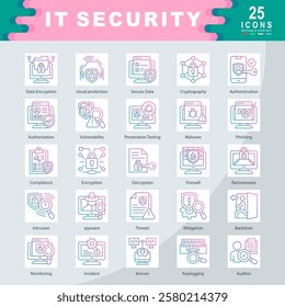 IT Security icon set containing Data Encryption, cloud protection, Secure Data, Cryptography, Authentication, Authorization, Vulnerability, Malware, Phishing, Firewall icon. simple gradient vector