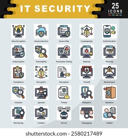 IT Security icon set containing Data Encryption, cloud protection, Secure Data, Cryptography, Authentication, Authorization, Vulnerability, Malware, Phishing, Firewall icon. Simple flat line vector