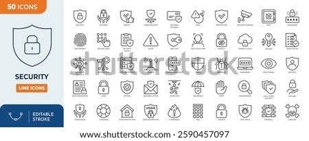 Security icon set. Containing security, protection, encryption, safety, insurance, sensor, locked, password, cybersecurity, and more. Vector illustration