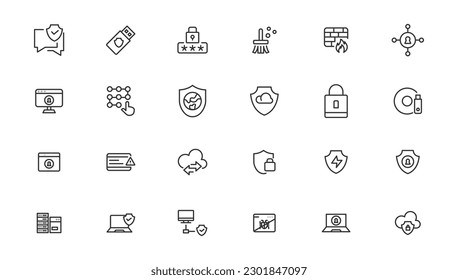 Security icon set. Containing secured payment, encryption, safety, insurance, data protection, detector, sensor, locked, password and cybersecurity icon. Outline icon collection