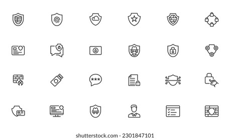 Security icon set. Containing secured payment, encryption, safety, insurance, data protection, detector, sensor, locked, password and cybersecurity icon. Outline icon collection

