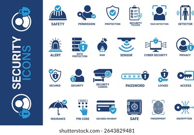 Security icon set. Containing secured payment, encryption, safety, insurance, data protection, detector, sensor, locked, password and cybersecurity icon. Solid icon collection. 