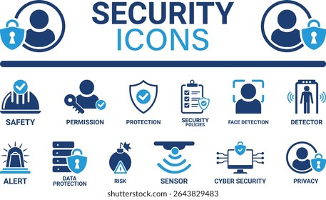 Security icon set. Containing secured payment, encryption, safety, insurance, data protection, detector, sensor, locked, password and cybersecurity icon. Solid icon collection. 