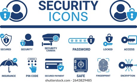 Security icon set. Containing secured payment, encryption, safety, insurance, data protection, detector, sensor, locked, password and cybersecurity icon. Solid icon collection. 