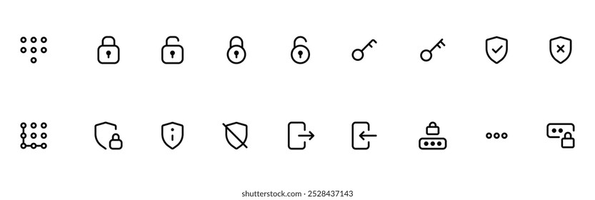 Security icon set. Cyber lock, unlock, password, pin. Guard, shield, home security system, pattern. Eye access, electronic check, firewall. Internet protection, laptop password. Linear Stroke Vector
