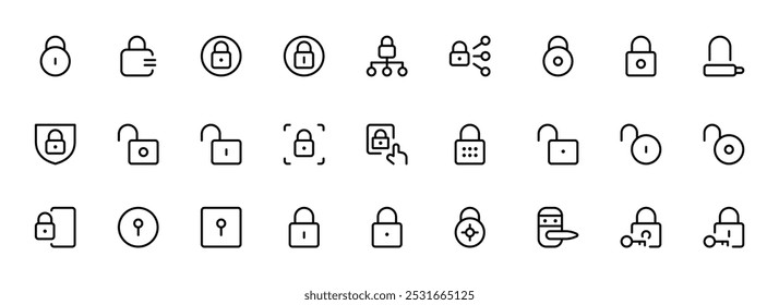 Security icon set. Cyber lock, unlock, password. Guard, shield, home security system icons. Eye access, electronic check, firewall. Internet protection, laptop password. Linear set. Vector