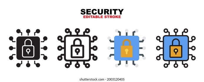 Security icon set with different styles. Icons designed in filled, outline, flat, glyph and line colored. Editable stroke and pixel perfect. Can be used for web, mobile, ui and more.