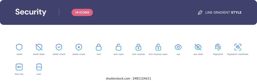 Security icon set. Essential UI Icons Set in Line Gradient Style. The set consists of essential and commonly-used icons that every UI designer needs.