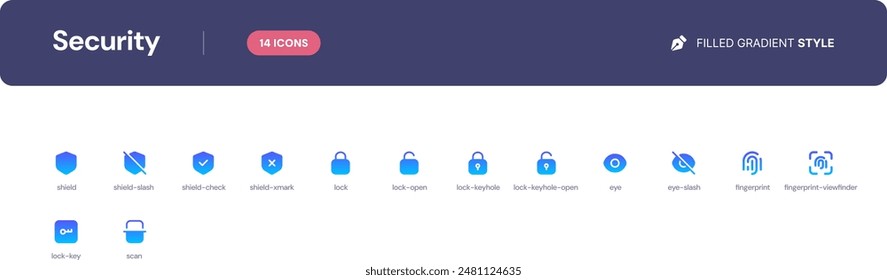Security icon set. Essential UI Icons Set in Filled Gradient Style. The set consists of essential and commonly-used icons that every UI designer needs.