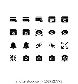 Security icon set including block card, check card, browser, shield browser, virus, spy, focus, eye, disable, bell, silent, attach, click, fullscreen, minimize, home shield, home lock, unlock,