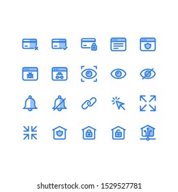 Security icon set including block card, check card, browser, shield browser, virus, spy, focus, eye, disable, bell, silent, attach, click, fullscreen, minimize, home shield, home lock, unlock,