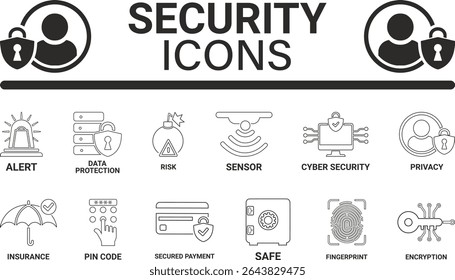 Security icon set. Line art icons Containing secured payment, encryption, safety, insurance, data protection, detector, sensor, locked, password, and cybersecurity icon. Solid icon collection. 