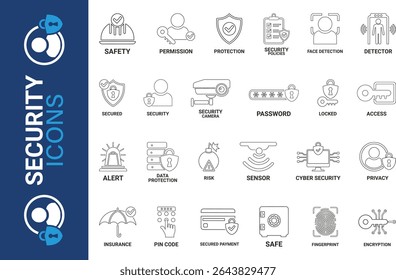 Security icon set. Line art icons Containing secured payment, encryption, safety, insurance, data protection, detector, sensor, locked, password, and cybersecurity icon. Solid icon collection. 