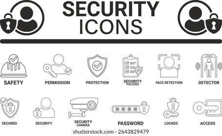 Security icon set. Line art icons Containing secured payment, encryption, safety, insurance, data protection, detector, sensor, locked, password, and cybersecurity icon. Solid icon collection. 