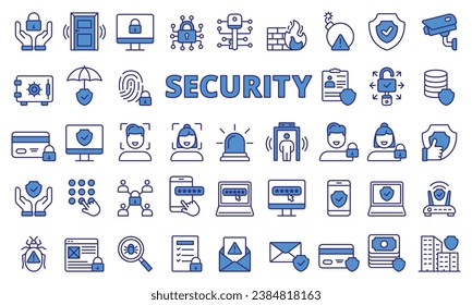 Icono de seguridad establecido en azul de diseño de línea.  Protección, seguridad, seguridad, protección, alarma, vigilancia, bloqueo, acceso, privacidad, ciberseguridad, ilustraciones de vectores de datos. Iconos de trazo editable de seguridad.