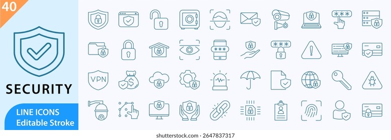 Conjunto de iconos de seguridad. Iconos de línea de seguridad. Contiene cifrado, Contraseña y más. Ilustración vectorial. Trazo Editable.