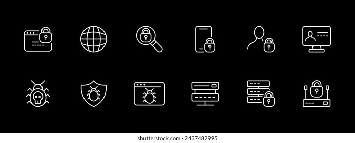 Security icon set. Modem, bug, virus, code, programming, monitor, planet, smartphone, magnifying glass. White line icon on black background. Vector line icon for business and advertising