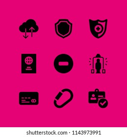 security icon set with passport, shield and security gate vector icons for web and graphic design