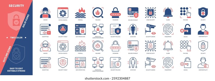 Security icon set. Password, Fingerprint, Firewall, detector, Security Camera, Hacker, Cyber Security. Duotone color solid and editable outline icons