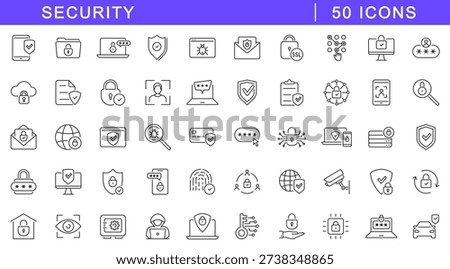 Security icon set. Protection icons in line style. Editable web icons safety, privacy, secure login, fingerprint, biometric, shield, lock, password etc. Vector illustration.