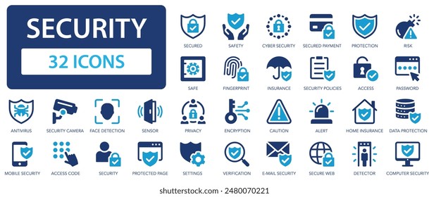 Security icon set. Security  Protection symbol collection. Safety, insurance, cybersecurity, data protection, locked, password.