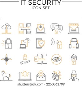 Conjunto de iconos de seguridad de TI. Iconos de línea de vectores de protección y seguridad. Tecnología de protección de datos empresariales, seguridad cibernética, protección de redes informáticas. De dos colores.