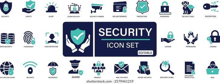 Security icon set secured payment, encryption, safety, insurance, data protection, sensor, locked, password, You can easily change the color