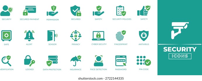 Conjunto de iconos de seguridad con escudo, bloqueo, Contraseña, huella digital, red, servidor, código, seguro, cortafuegos, cifrado y símbolos de protección. Colección de iconos sólidos.