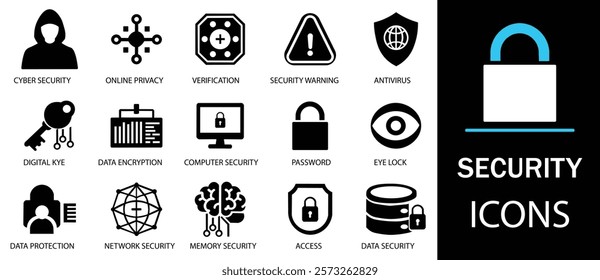 Security icon set. Showcasing intricately designed representations of  safety, insurance, data protection, detector, sensor, locked, password and cybersecurity icon. Solid icon collection.