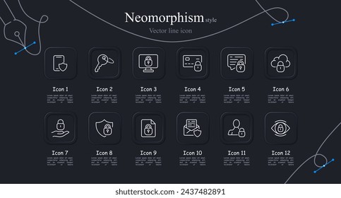 Security icon set. Smartphone, shield, eye, lock, monitor, key, mail, encryption. Neomorphism style. Vector line icon for business and advertising
