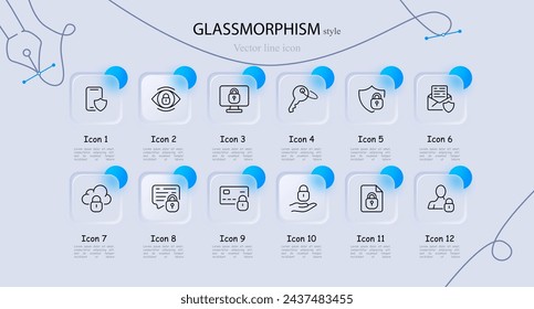 Security icon set. Smartphone, shield, password, bank card, server, hacker, message, corporate email. Glassmorphism style. Vector line icon for business and advertising